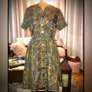 Vintage 1950’s- Pam Pickett - Blue and Brown Button-Up shirt Dress - S/M